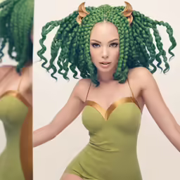 a woman with green hair and a yellow bra with gold accents