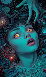 a surreal illustration of a woman surrounded by clocks and hands