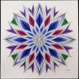 a circular shaped painting in colored pencils on a white background,this is a drawing of a multi - colored flower