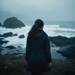 a woman standing next to a body of water