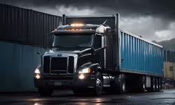 a semi trailer cab with lights on driving through a town,a black and blue semi truck parked in front of a warehouse