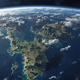 an aerial view of a tropical island surrounded by clouds