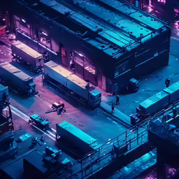 the lights on trucks are purple and green