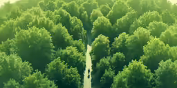 several people walking through the woods near green trees