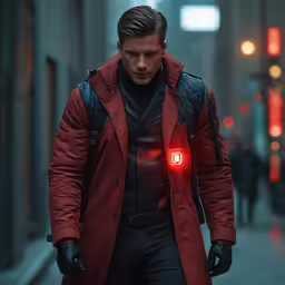 a man in an overcoat walks down a street with his red jacket up