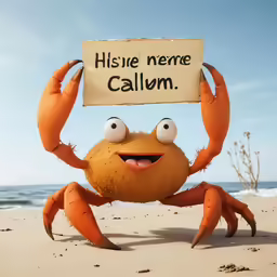 the character has written a message on his sign while he stands in the sand