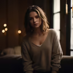 a woman sitting on top of a brown couch