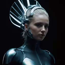a woman in silver with metal hair clips
