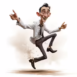 a man in a suit with a face on his body jumps into the air
