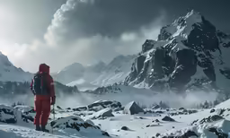 a person wearing a red jacket walking on snow