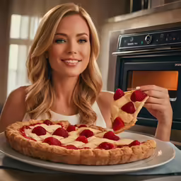 woman eating pie in a kitchen with a stove