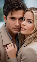 a close up of two people embracing and looking into the camera