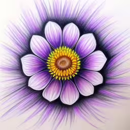 a drawing of a flower with blue and purple petals,a flower with a center has its petals painted purple and yellow,this colorful flower has an unusual design,this drawing depicts a colorful flower with very purple petals,a picture of some flowers is in the air