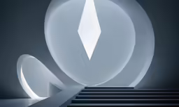 a white stairway leading up to a circular light