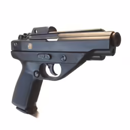 a close up view of a black, semi - automatic rifle
