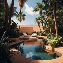 a tropical backyard with palm trees and a small pool