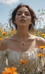 a woman is standing in an empty field of flowers