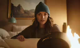 a woman sitting on a bed with a hat and fire in her bedroom
