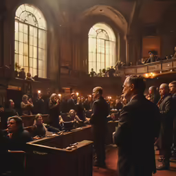 men in suits standing around in front of an audience