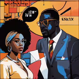 two people standing side by side in a brightly colored painting,two people looking off to the side