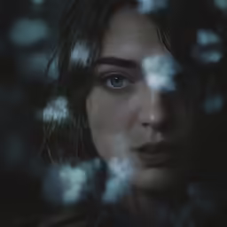 a beautiful woman with blue eyes standing in the dark