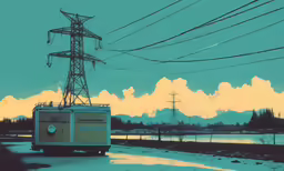 a painting of a utility truck sitting on the side of the road near an icy river