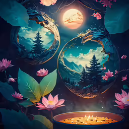 a night scene with a lamp and flowers in the foreground