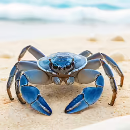a blue crab with two crabs standing in the sand