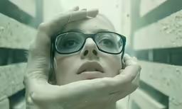 the woman is holding her glasses on her head