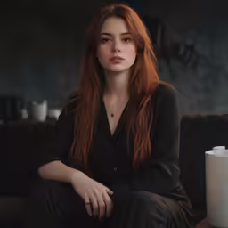 a woman sitting in front of a table