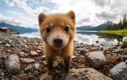 a dog is standing in front of a lake