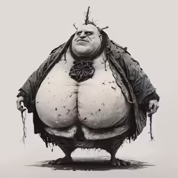a large fat woman standing in front of a wall