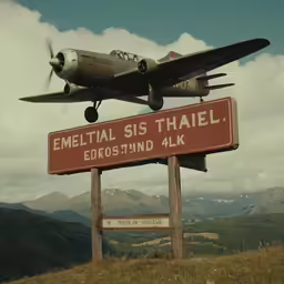a plane flying over the top of an endosund sign