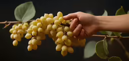 a hand reaching for clusters of white grapes