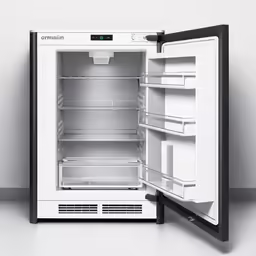 the small refrigerator has its door open on a white floor