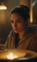 a woman sitting in front of a candle while staring ahead