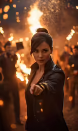 a woman is pointing at a bunch of fireworks