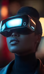 a woman in black and white blindfolded head dress