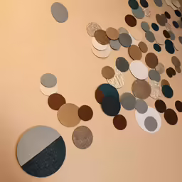 paper circles hanging on the wall, with brown, white and grey spots on them