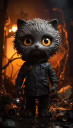 a cat figure in a leather jacket stands in the dark