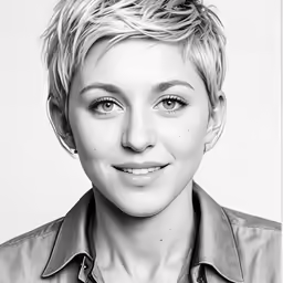 a black and white photo of a woman smiling
