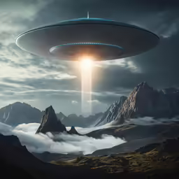 an alien spaceship flies over mountains in the sky