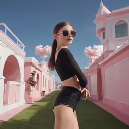 a young woman poses in black underwear while standing outside