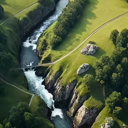 aerial shot of a river running through a lush green field