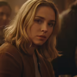 a blonde woman in brown sits at a table