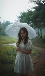 woman in white dress holding an umbrella while walking