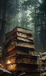 stacked wooden boxes lit by a candle in a forest