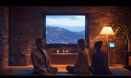 a couple sitting on a bed watching the lights