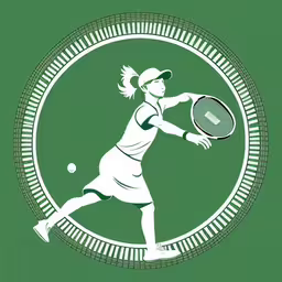 an illustration of a woman in a circle playing tennis,a woman is holding a racket and swinging a ball,a women who is swinging at a tennis ball,a tennis player swinging the racket at a ball,a woman is playing tennis on a green background
