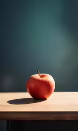 an apple sits on the table top against a green wall